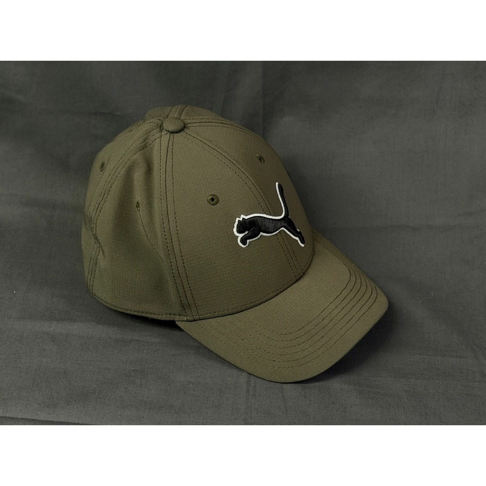 PUMA Cat Logo Stretch Fit Baseball Cap Olive Green Hat L/XL Flexfit Golf Fitted